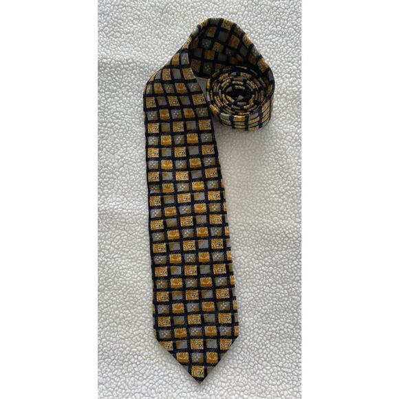 HAROLD POWELL 100% Silk Tie Yellow With Blue Geometric Diamond Handmade In Italy - Picture 1 of 3